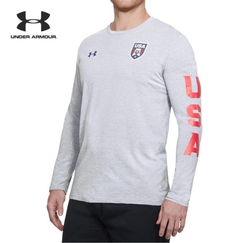 Under Armour USA Patriotic Long Sleeve Heat Gear‎ Gray Shirt Mens XL